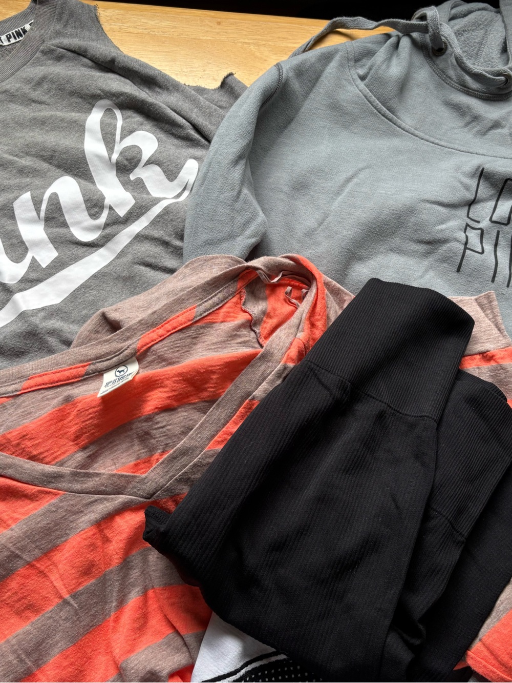 PINK Victoria's Secret Gray Logo Sweatshirt with Black and Coral Striped Top